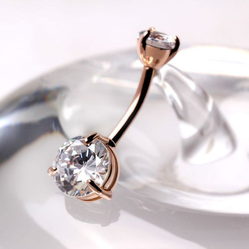 14Kt Rose Gold Navel Ring with Prong Set Clear Round CZ Fashion Hut Jewelry