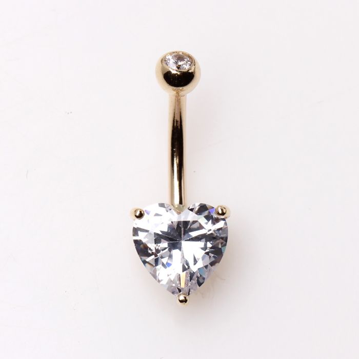 14Kt Yellow Gold Navel Ring with Heart Gem Prong Setting Fashion Hut Jewelry