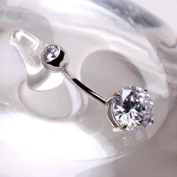 14Kt White Gold Navel Ring with Prong Set CZ Fashion Hut Jewelry
