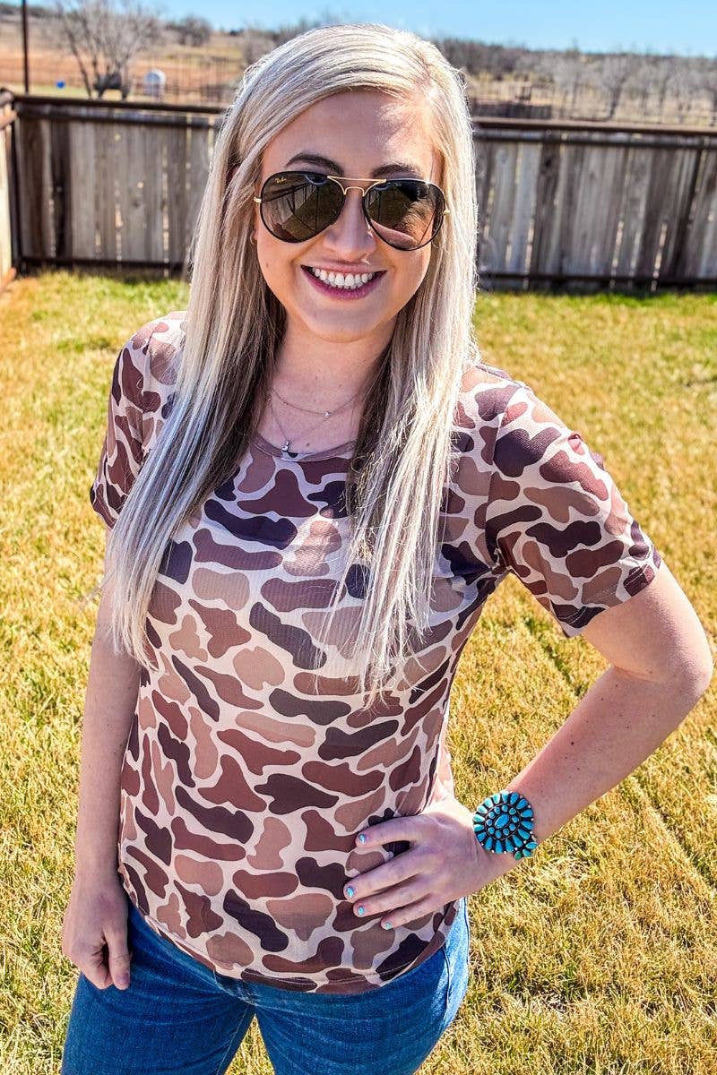 Sterling Kreek "On the Front Line" Western Camo Mesh Short Sleeve Top — Bold Camo Print Layering Piece (small & medium remaining) Cowhide and Conchos