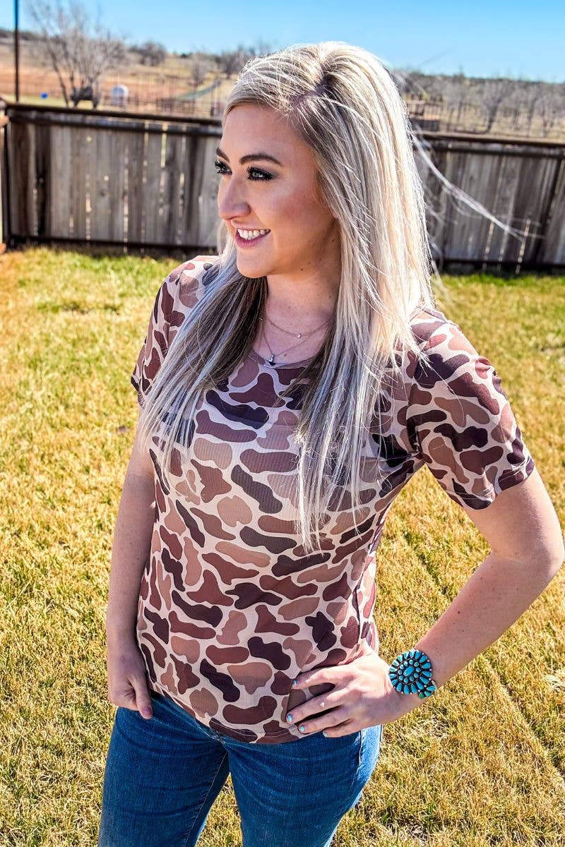 Sterling Kreek "On the Front Line" Western Camo Mesh Short Sleeve Top — Bold Camo Print Layering Piece (small & medium remaining) Cowhide and Conchos