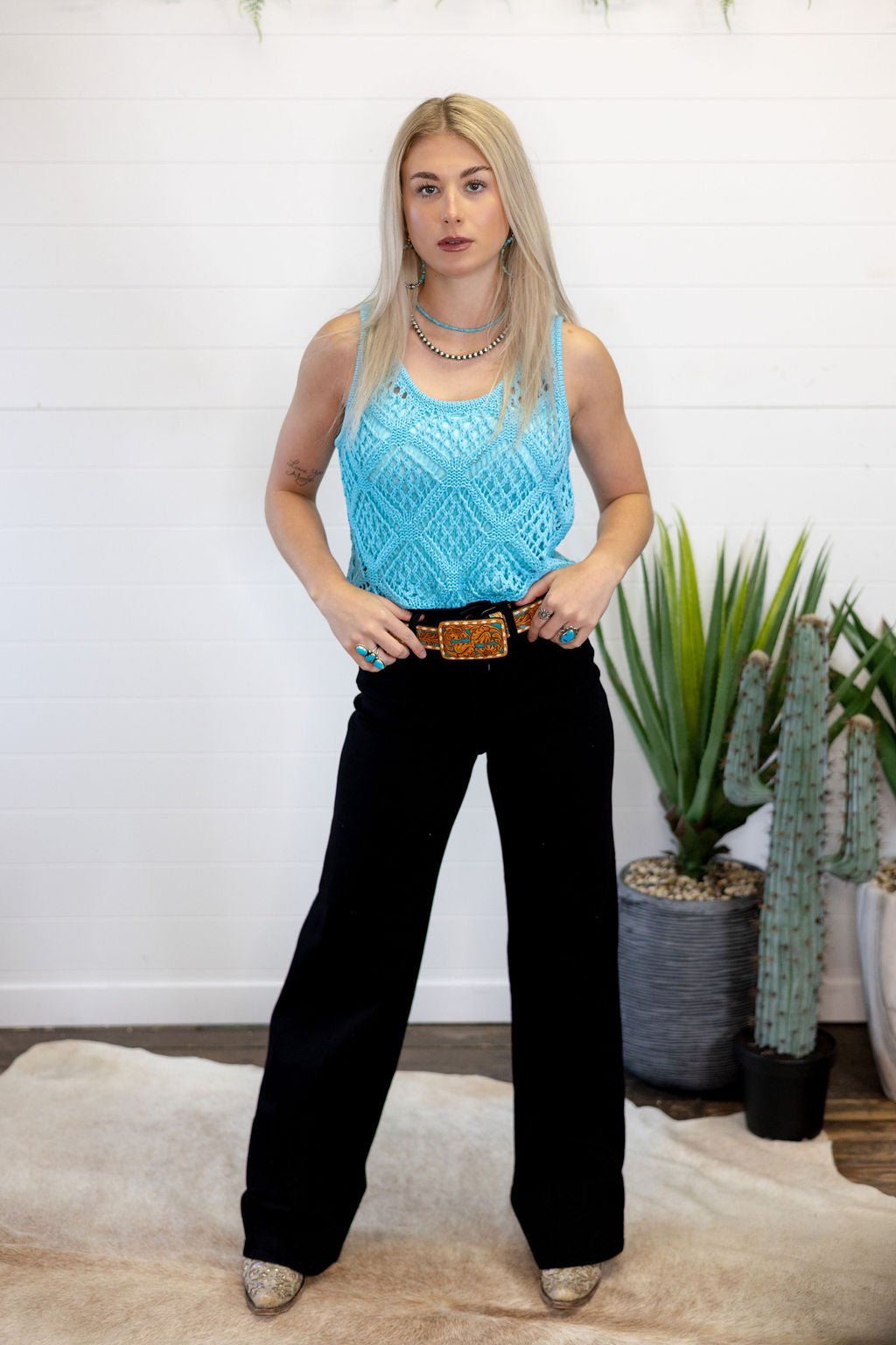 HYFVE Open Stitch Scoop Neck Sleeveless Western Layering Top — Refined Open Knit Character Cowhide and Conchos