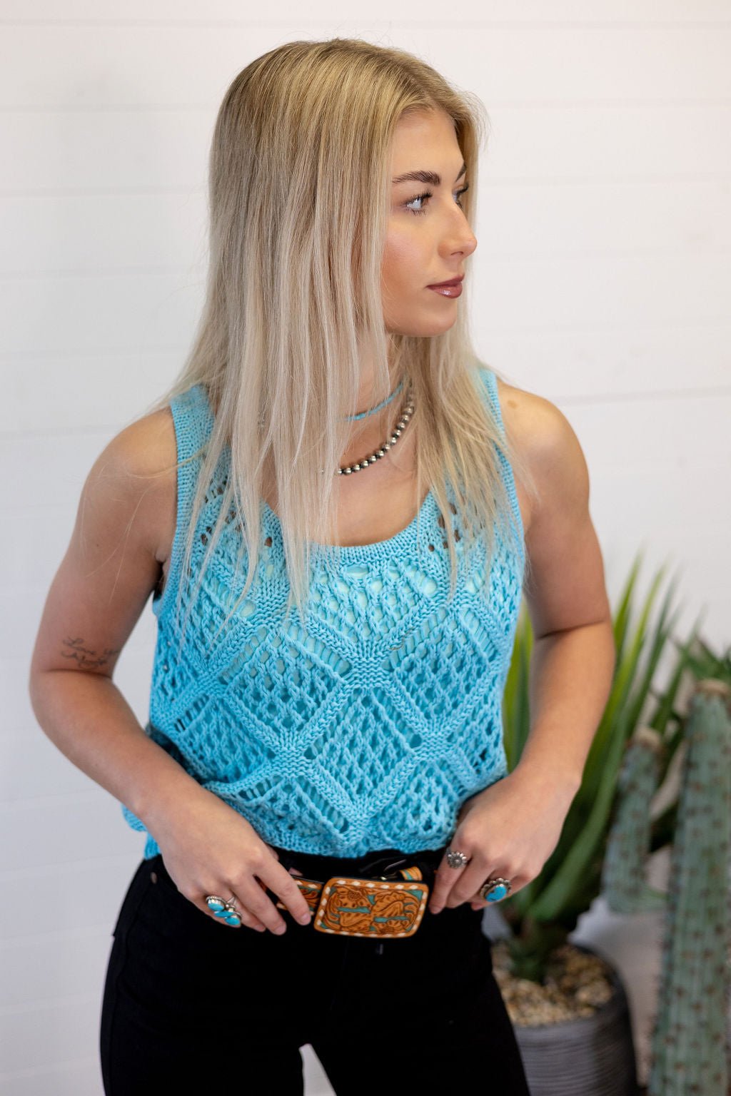 HYFVE Open Stitch Scoop Neck Sleeveless Western Layering Top — Refined Open Knit Character Cowhide and Conchos