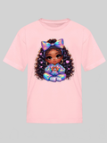 African American Girls Pretty Bow and Hearts Short Sleeve Crewneck T-Shirt NicholesGifts