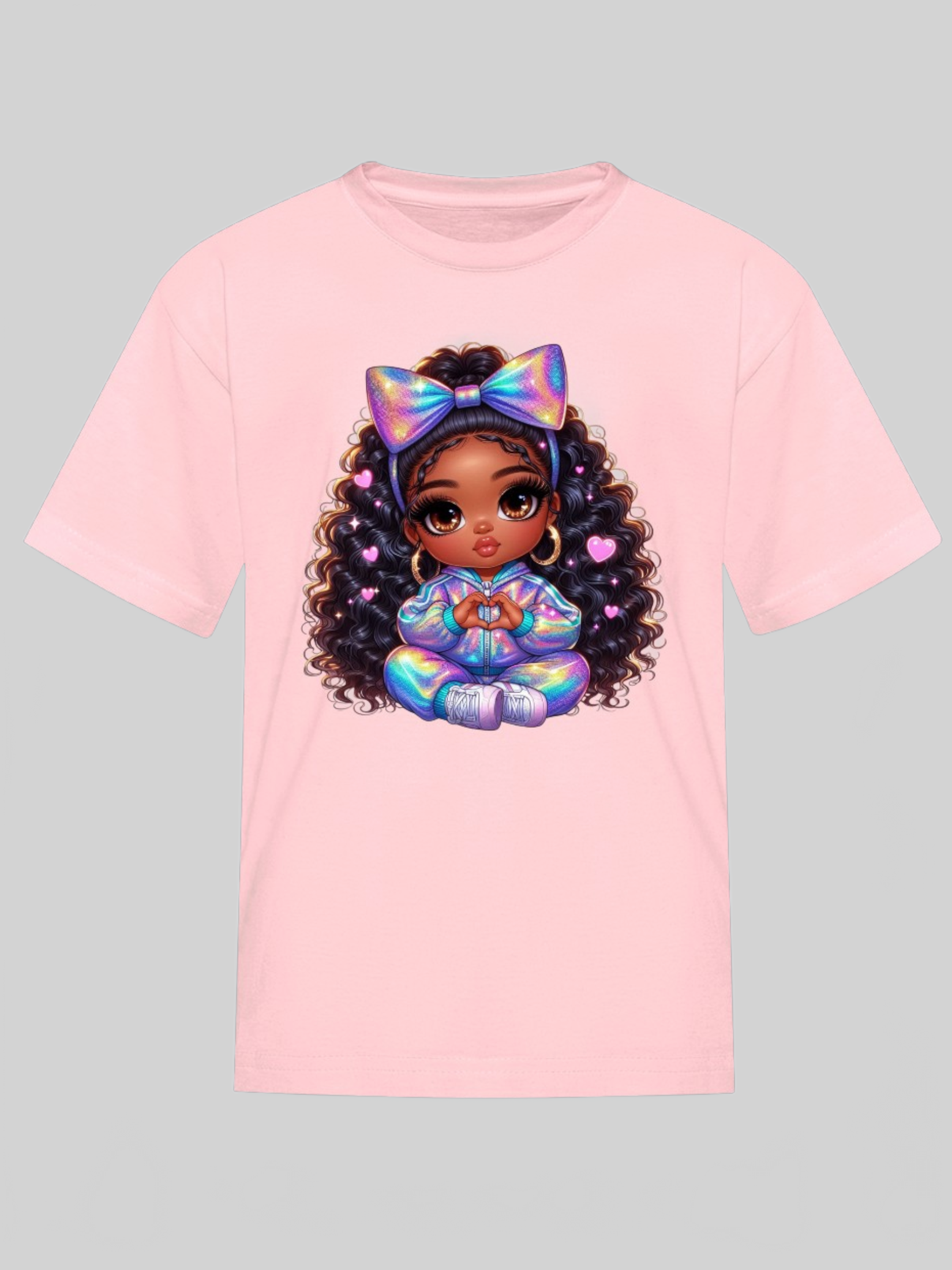 African American Girls Pretty Bow and Hearts Short Sleeve Crewneck T-Shirt NicholesGifts
