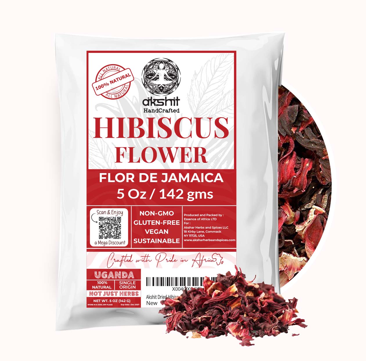 Akshit 5 oz. Dried Hibiscus Flowers (Flor de Jamaica) Tea | Loose Leaf Tea | Caffeine-Free | Vegan Friendly | Fleurs d'hibiscus – Antioxidant Herbal Tea Akshit