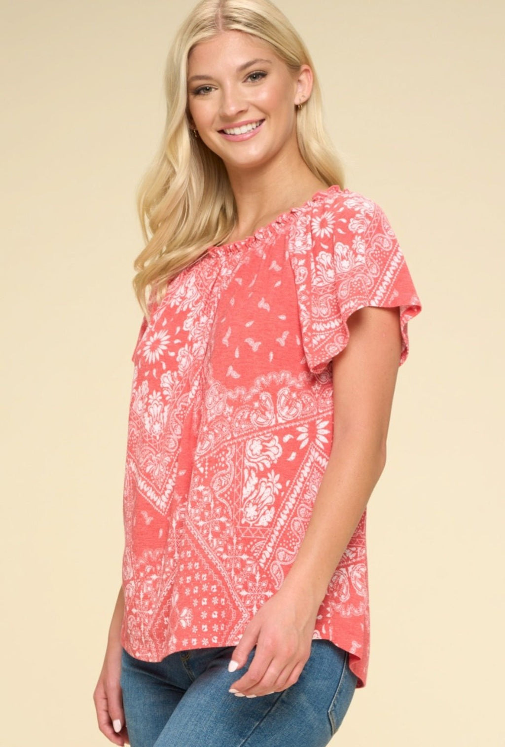 Oddi Paisley Printed Boat Neckline Western Top — Ruffled Short Dolman Sleeves Feminine Layering Piece Cowhide and Conchos