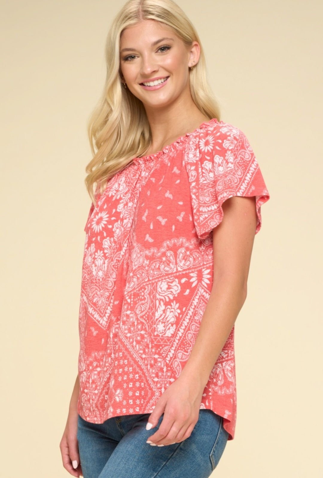 Oddi Paisley Printed Boat Neckline Western Top — Ruffled Short Dolman Sleeves Feminine Layering Piece Cowhide and Conchos