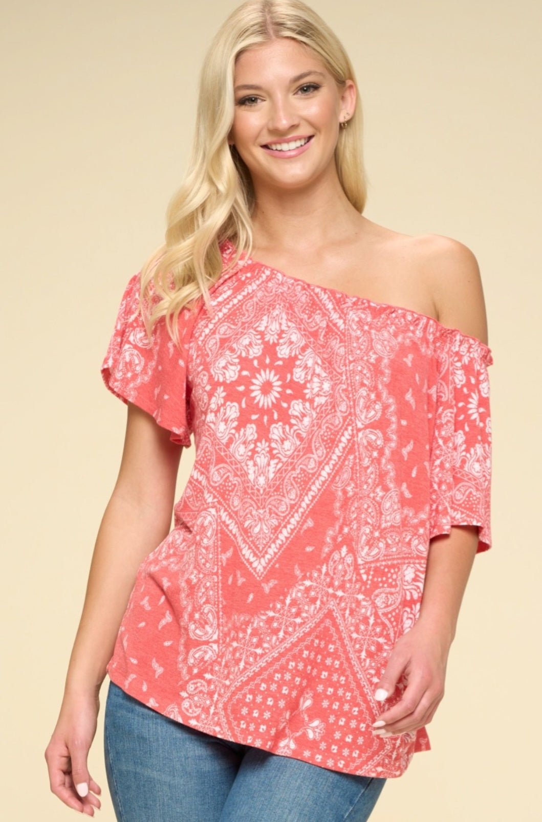 Oddi Paisley Printed Boat Neckline Western Top — Ruffled Short Dolman Sleeves Feminine Layering Piece Cowhide and Conchos