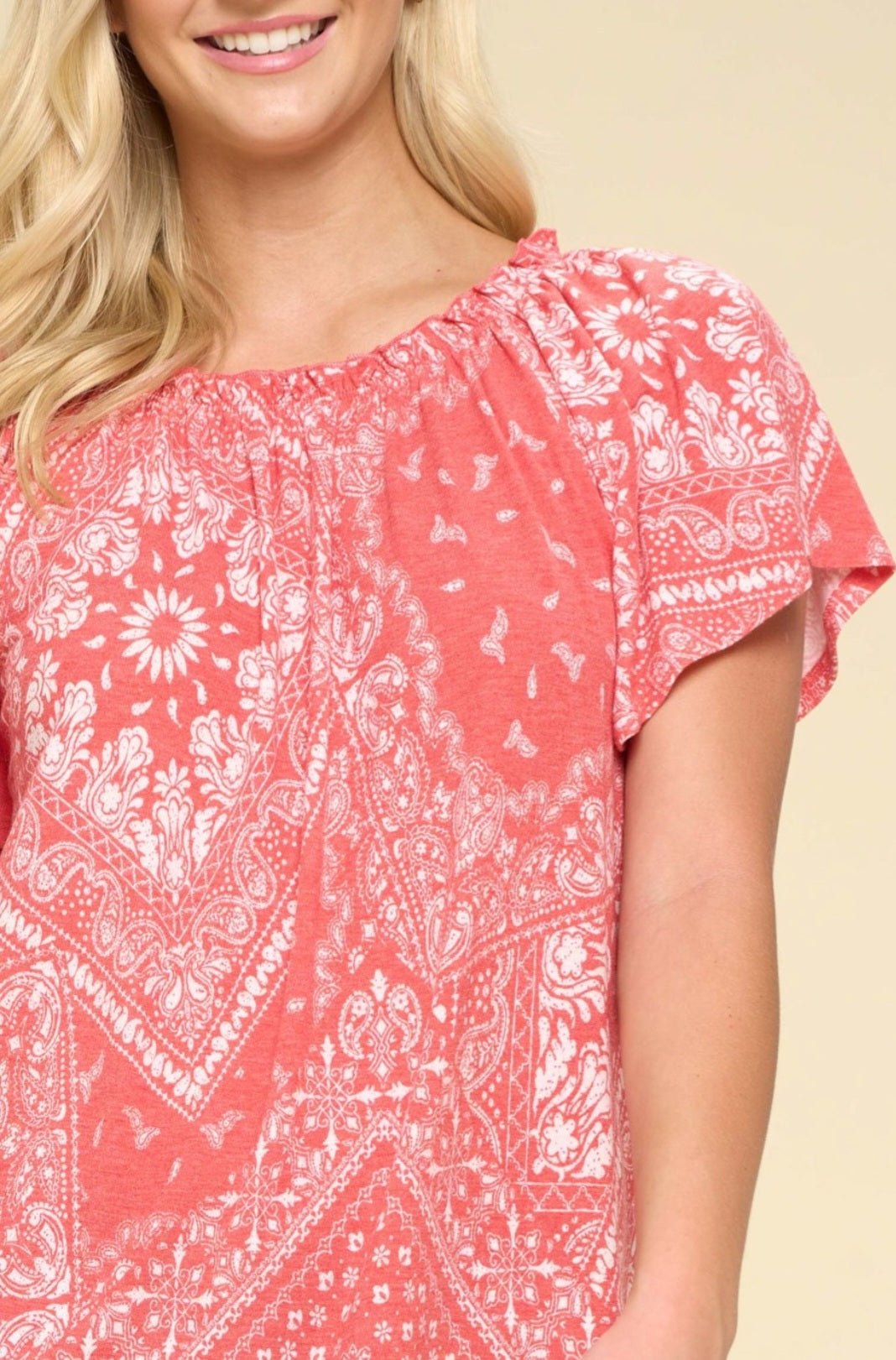 Oddi Paisley Printed Boat Neckline Western Top — Ruffled Short Dolman Sleeves Feminine Layering Piece Cowhide and Conchos
