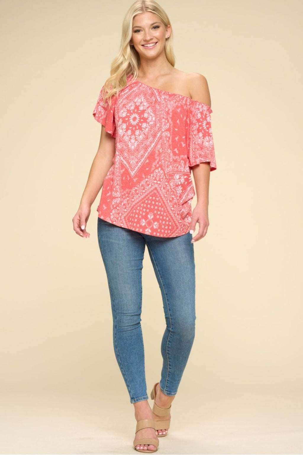 Oddi Paisley Printed Boat Neckline Western Top — Ruffled Short Dolman Sleeves Feminine Layering Piece Cowhide and Conchos
