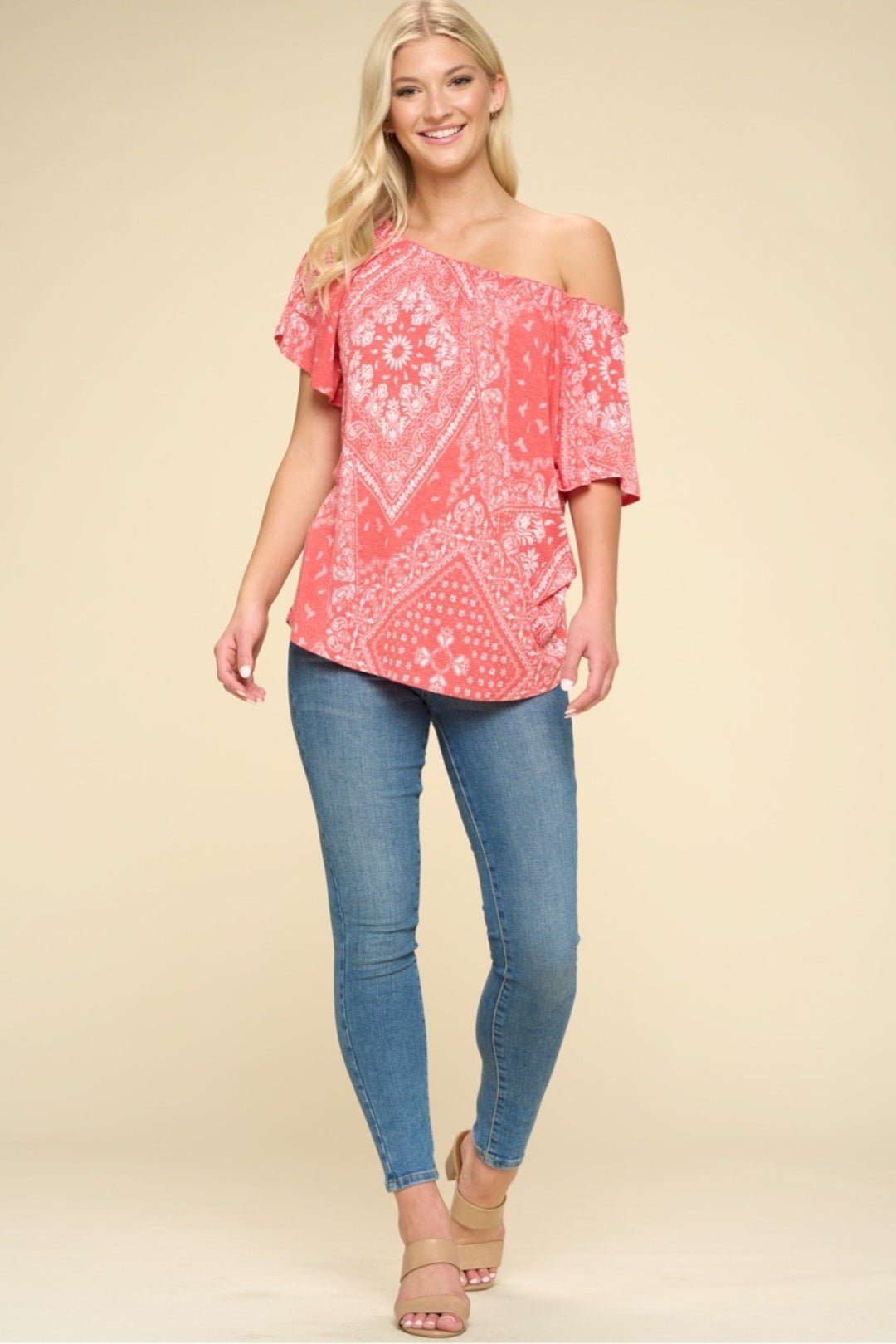 Oddi Paisley Printed Boat Neckline Western Top — Ruffled Short Dolman Sleeves Feminine Layering Piece Cowhide and Conchos