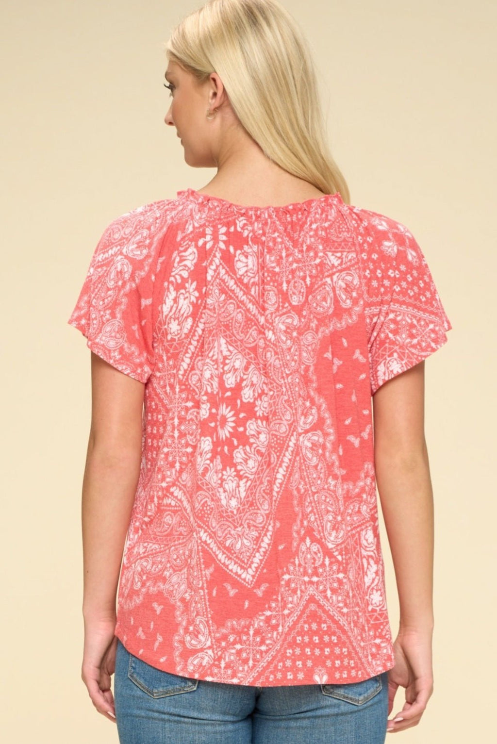 Oddi Paisley Printed Boat Neckline Western Top — Ruffled Short Dolman Sleeves Feminine Layering Piece Cowhide and Conchos