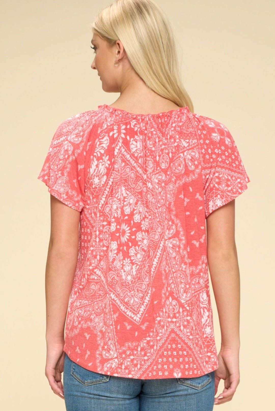 Oddi Paisley Printed Boat Neckline Western Top — Ruffled Short Dolman Sleeves Feminine Layering Piece Cowhide and Conchos