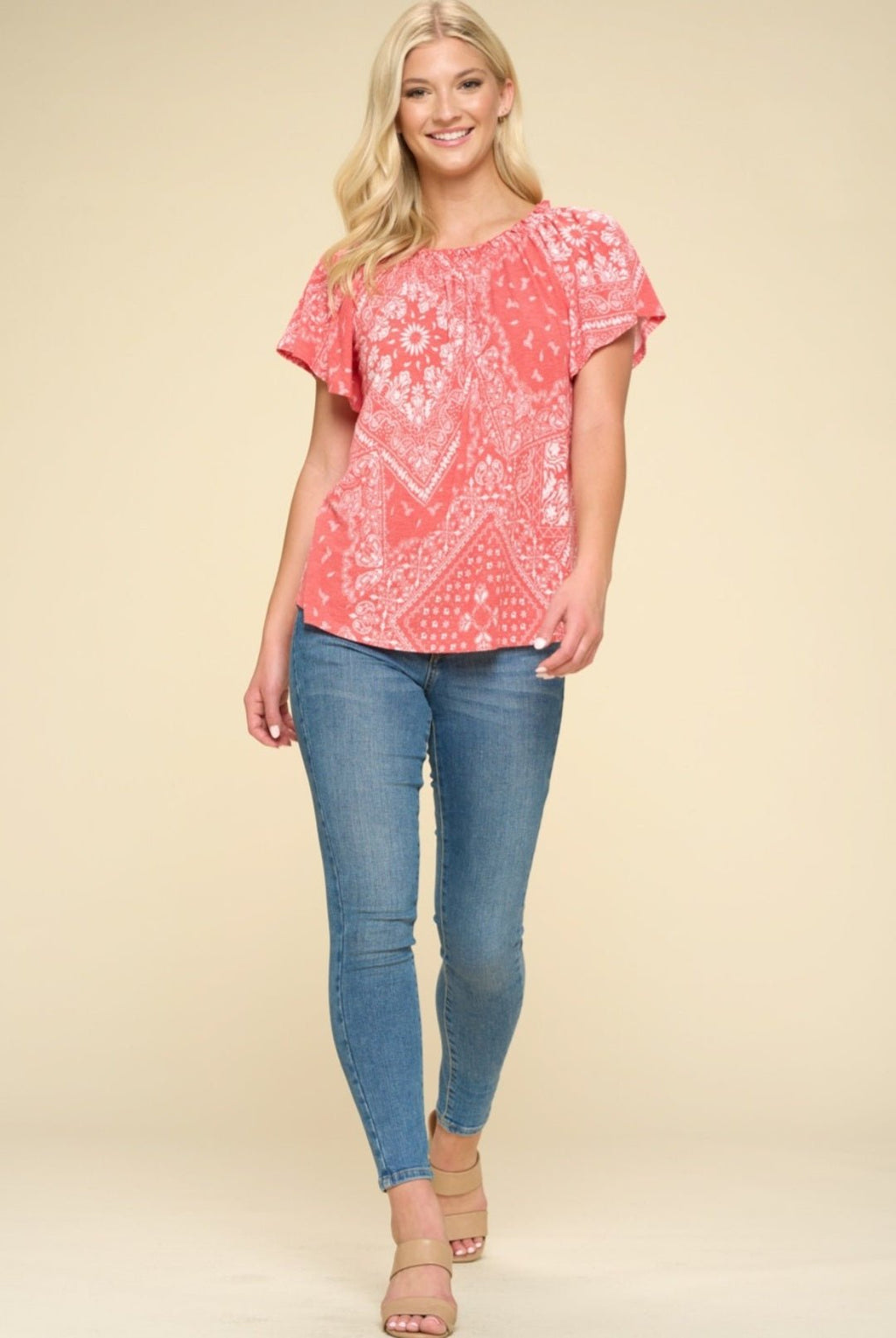 Oddi Paisley Printed Boat Neckline Western Top — Ruffled Short Dolman Sleeves Feminine Layering Piece Cowhide and Conchos