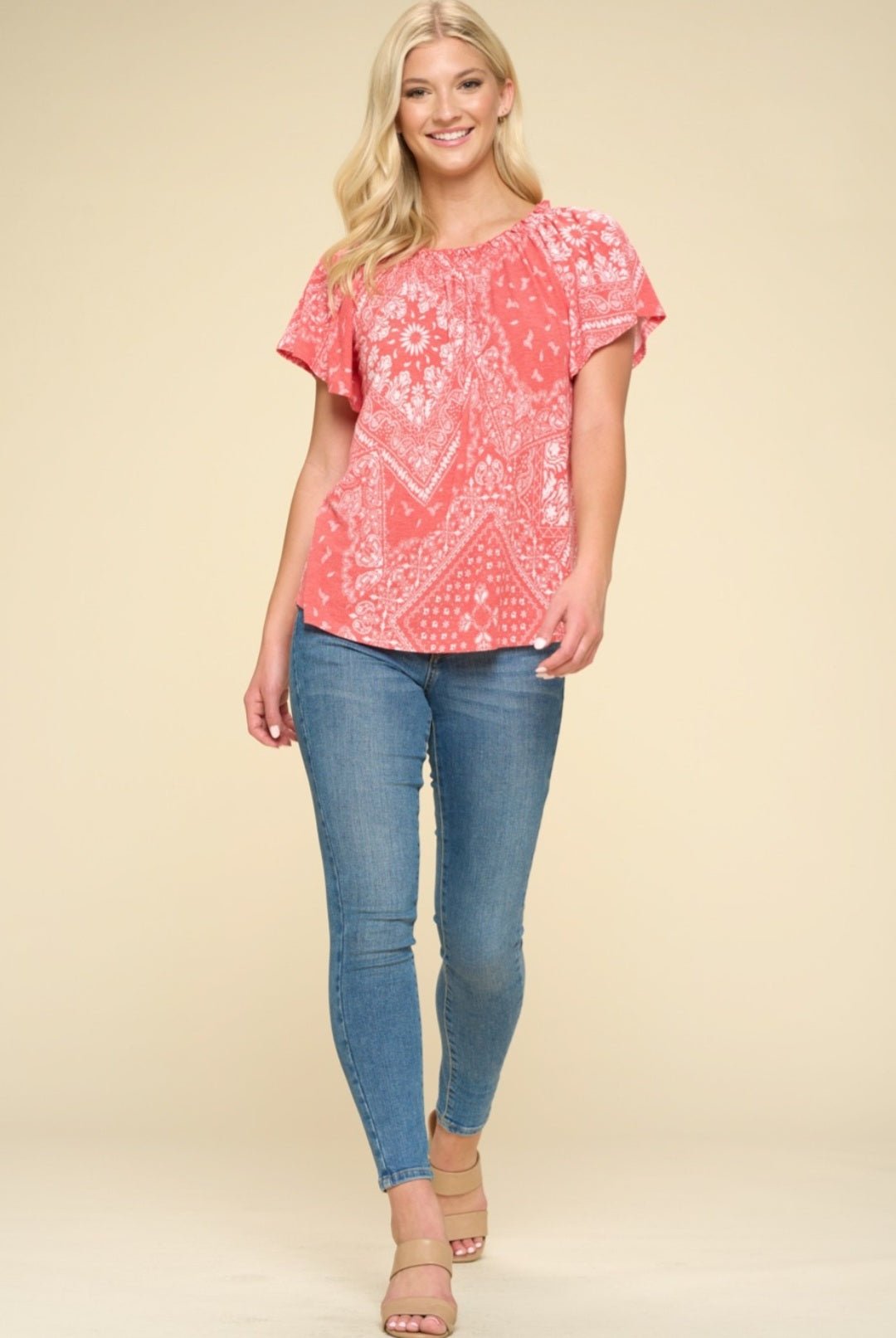 Oddi Paisley Printed Boat Neckline Western Top — Ruffled Short Dolman Sleeves Feminine Layering Piece Cowhide and Conchos