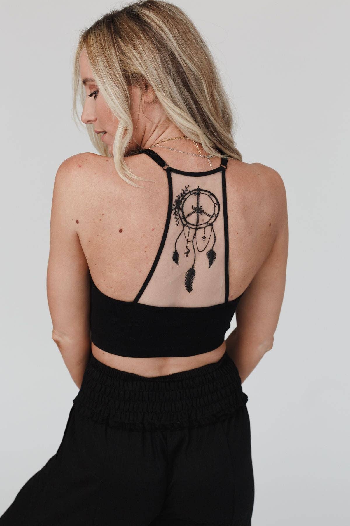 Peace Dreamcatcher Tattoo Bralette - Black Cowhide and Conchos