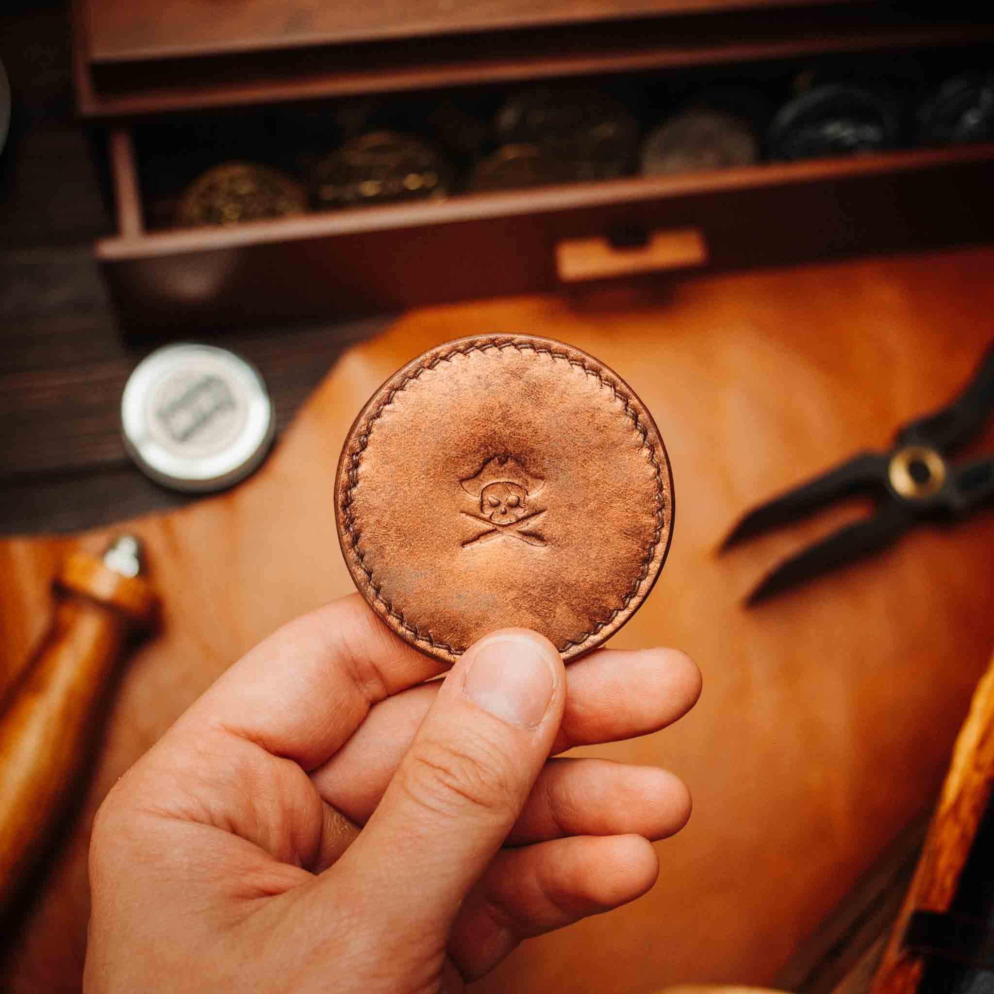 Round Coin Holder - Peso Pocket v2 | Challenge Coin Case | Handcrafted Leather Pirate Goods