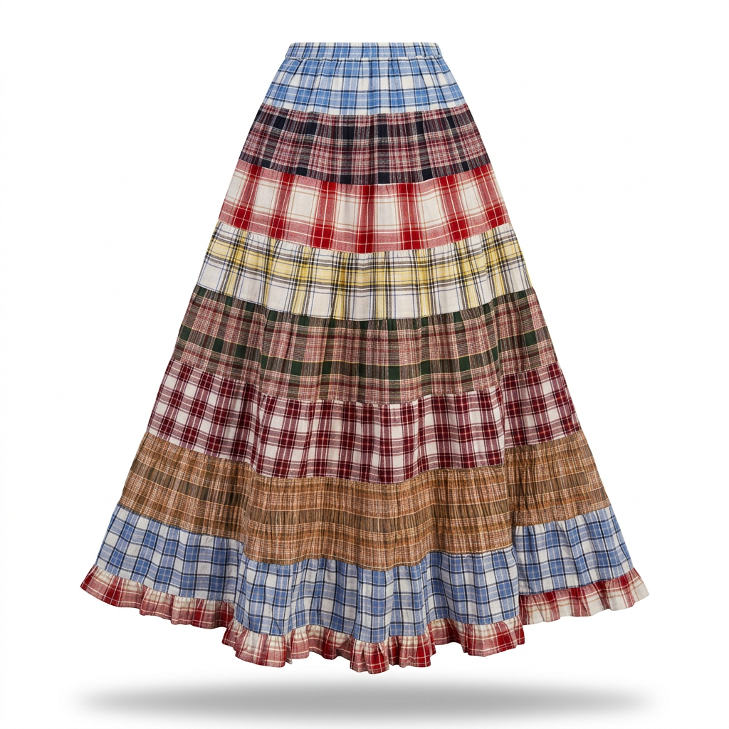 Wanderlust Plaid Patchwork Maxi Skirt Boho Brown