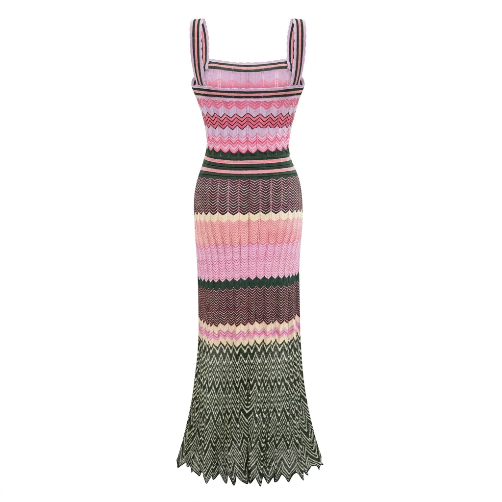 Vibrant Knitted Geometric Maxi Dress Boho Brown
