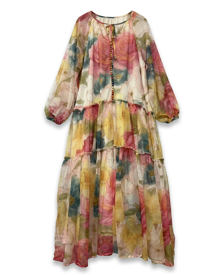 Wanderlust Chiffon Tiered Maxi Dress Boho Brown