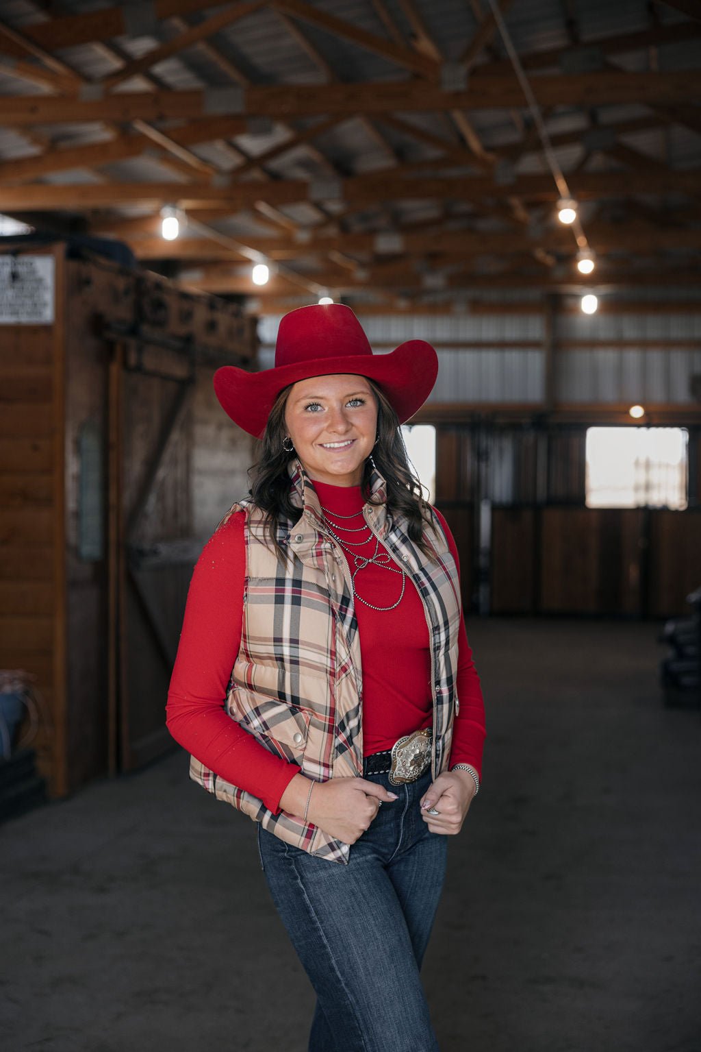Jodifl Plaid Check Print Padded Western Vest — High Collar with Zipper & Snap Closure (Medium remaining) Cowhide and Conchos