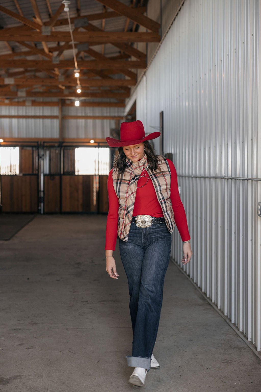 Jodifl Plaid Check Print Padded Western Vest — High Collar with Zipper & Snap Closure (Medium remaining) Cowhide and Conchos