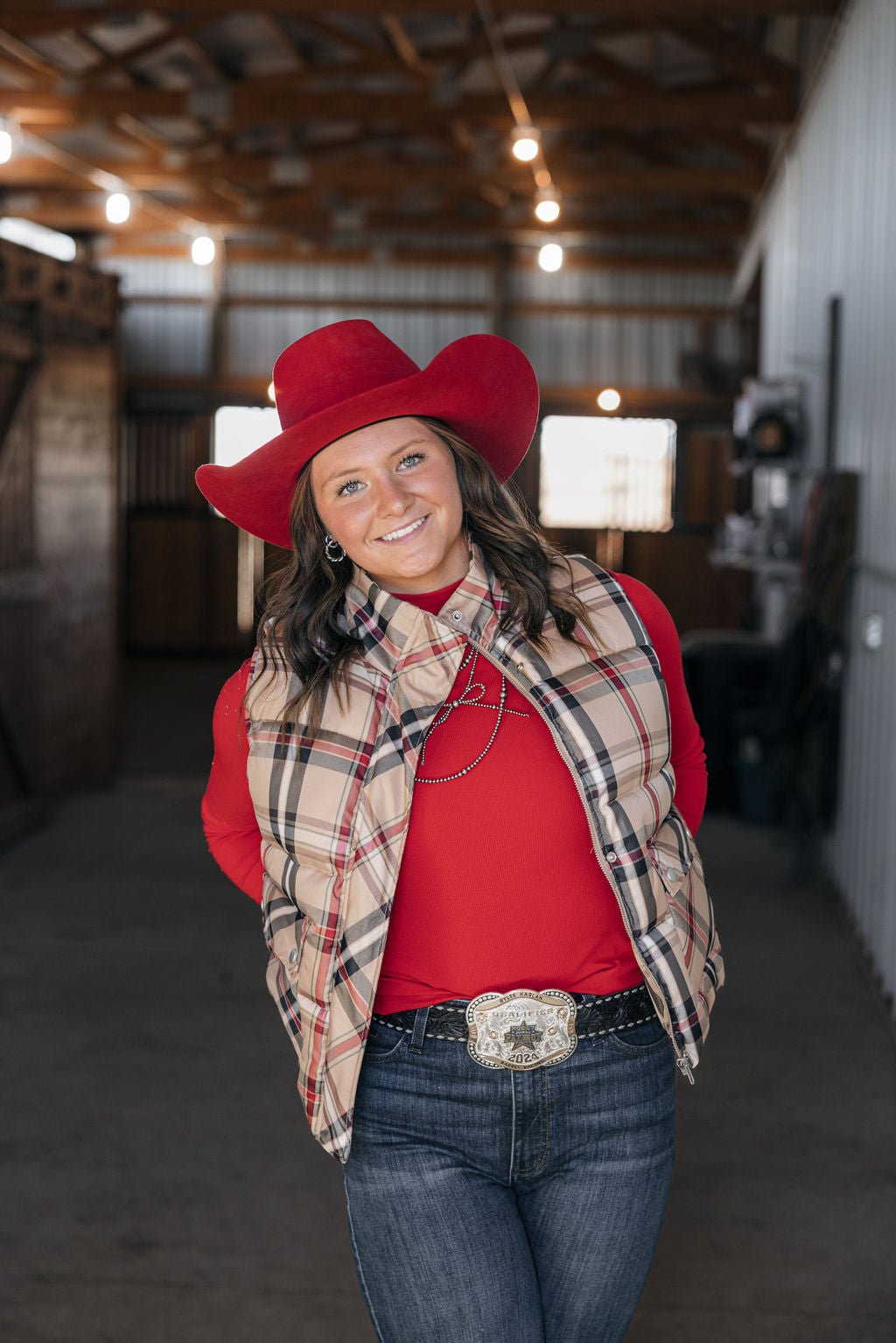 Jodifl Plaid Check Print Padded Western Vest — High Collar with Zipper & Snap Closure (Medium remaining) Cowhide and Conchos