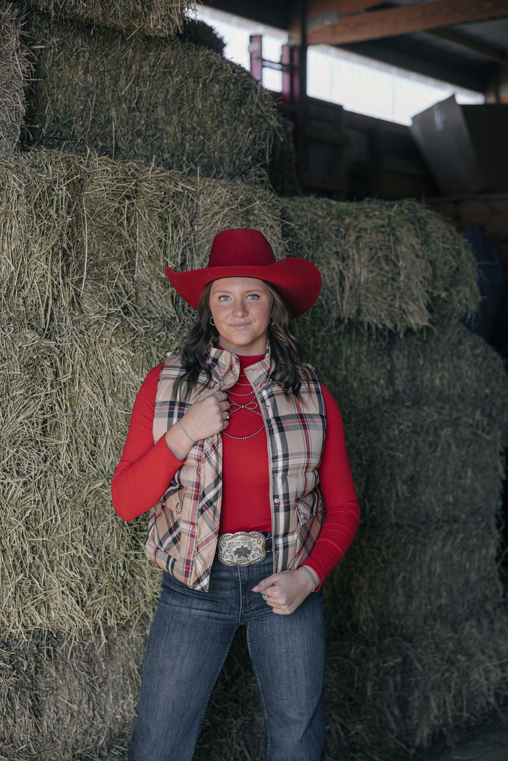 Jodifl Plaid Check Print Padded Western Vest — High Collar with Zipper & Snap Closure (Medium remaining) Cowhide and Conchos