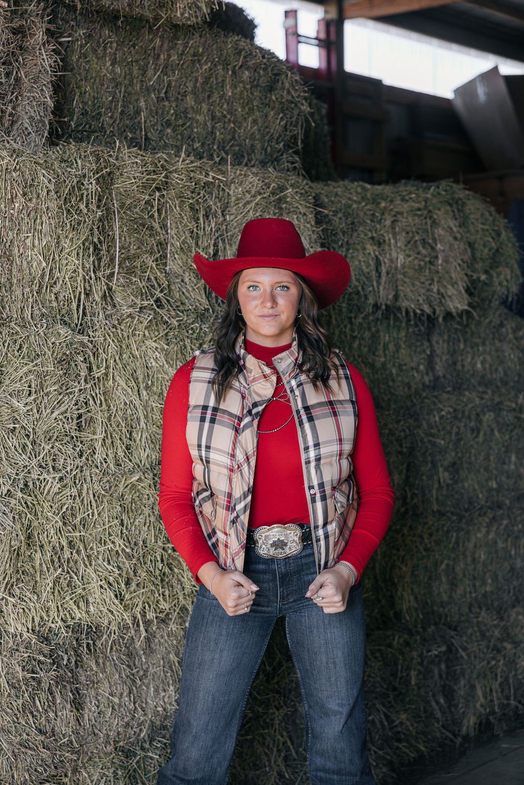 Jodifl Plaid Check Print Padded Western Vest — High Collar with Zipper & Snap Closure (Medium remaining) Cowhide and Conchos
