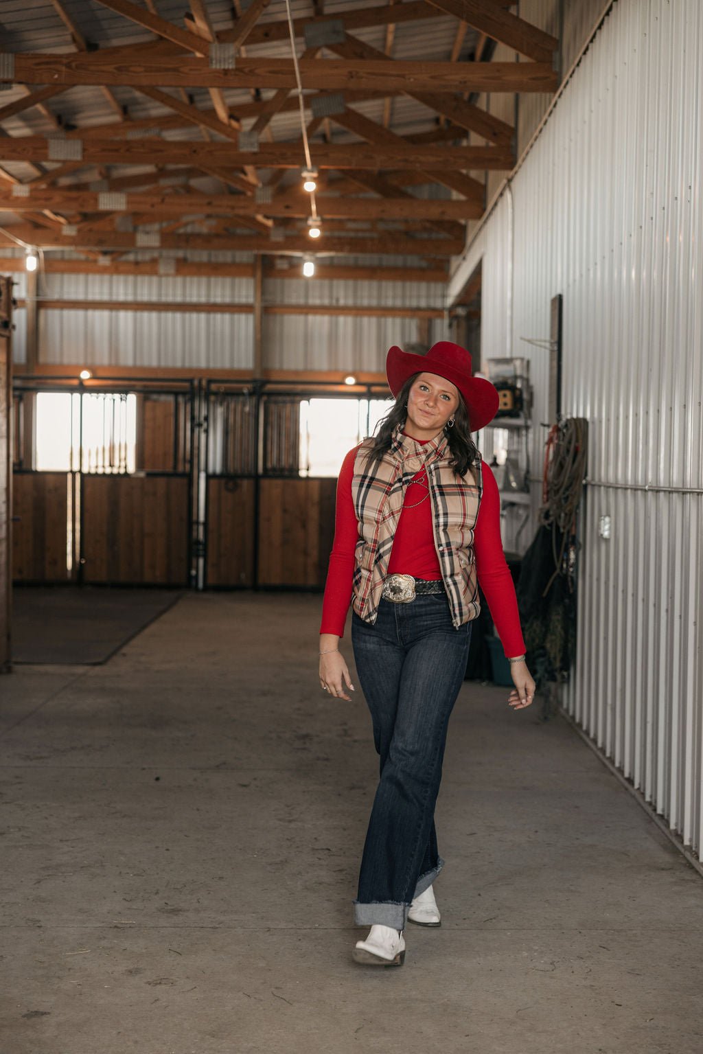 Jodifl Plaid Check Print Padded Western Vest — High Collar with Zipper & Snap Closure (Medium remaining) Cowhide and Conchos