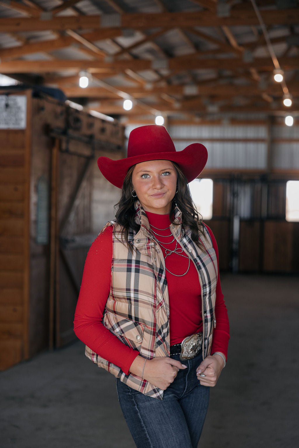 Jodifl Plaid Check Print Padded Western Vest — High Collar with Zipper & Snap Closure (Medium remaining) Cowhide and Conchos