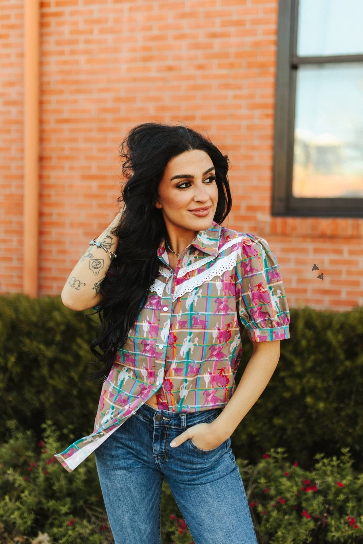 2 Fly Co "Plaid Posse" Western Top — Multi-Color Plaid with Lace Detail Comfortable Statement Piece Cowhide and Conchos