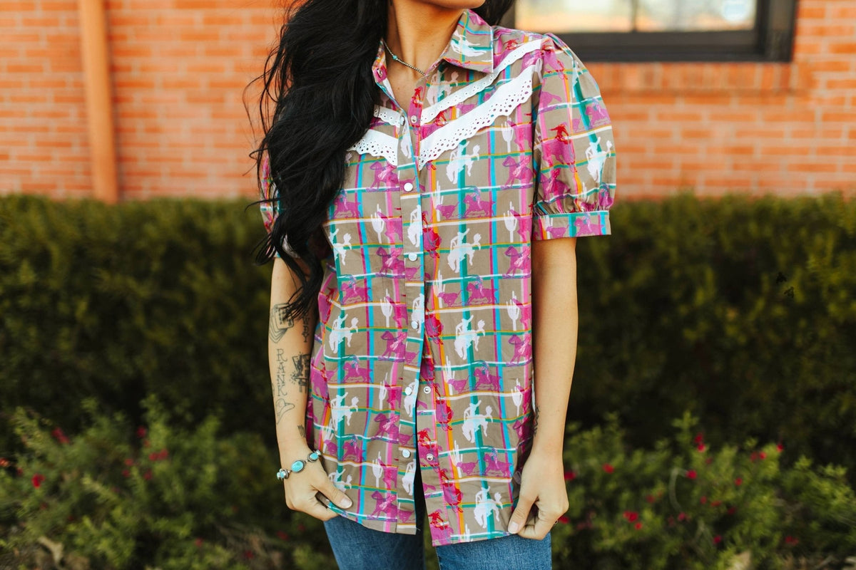 2 Fly Co "Plaid Posse" Western Top — Multi-Color Plaid with Lace Detail Comfortable Statement Piece Cowhide and Conchos