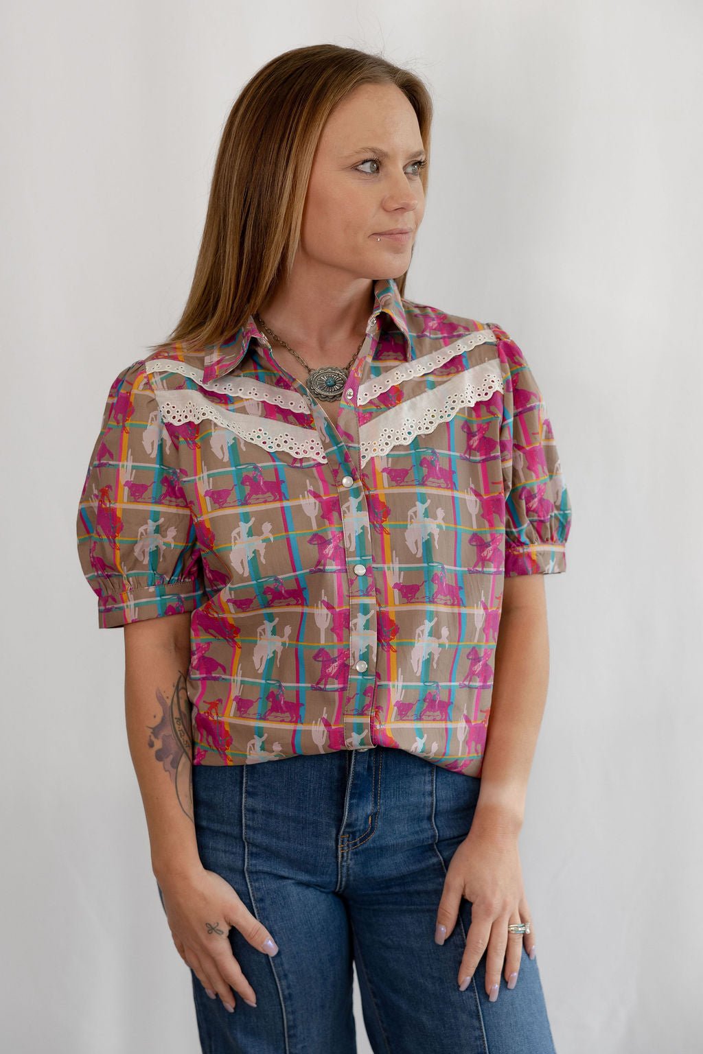 2 Fly Co "Plaid Posse" Western Top — Multi-Color Plaid with Lace Detail Comfortable Statement Piece Cowhide and Conchos