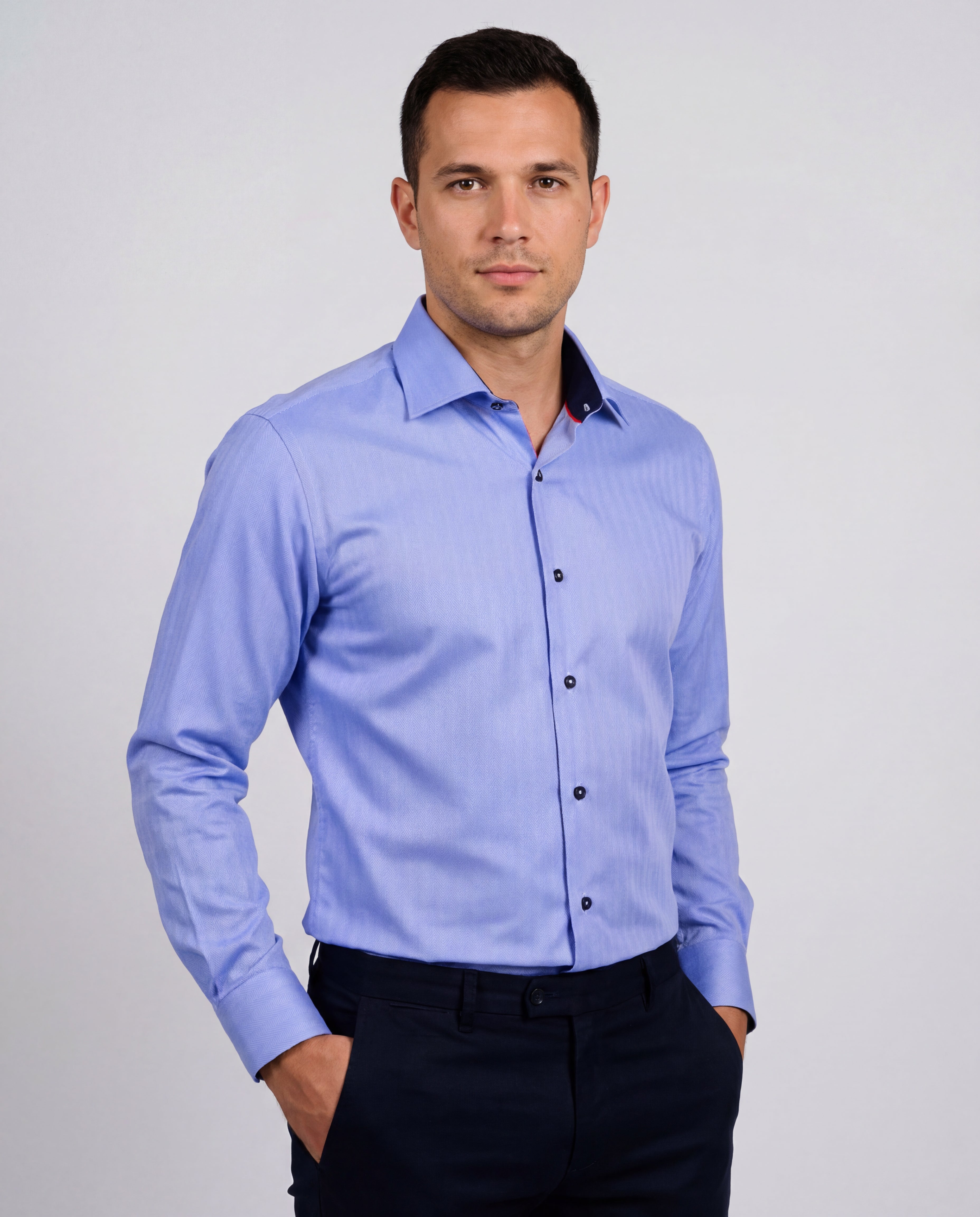 Lt Blue Long Sleeve Shirt with contract trimming // Dual cuffs// contemporary fit- Final Sale LEVINAS® Official