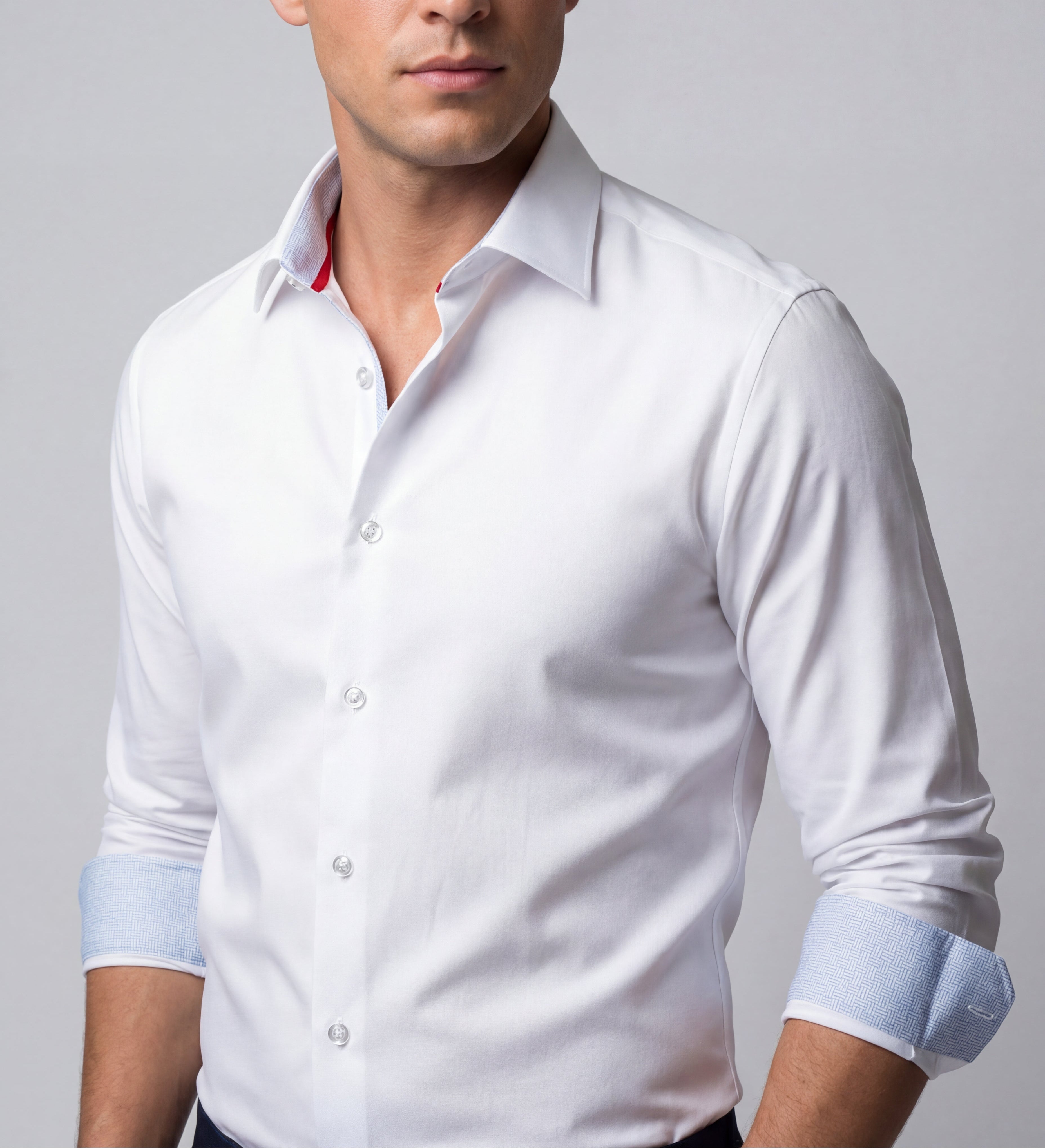 Kenneth// Cotton Knit-Stretch Button-Up Shirt With Contrast Details // White // Tailored Fit (Fitted) LEVINAS® Official