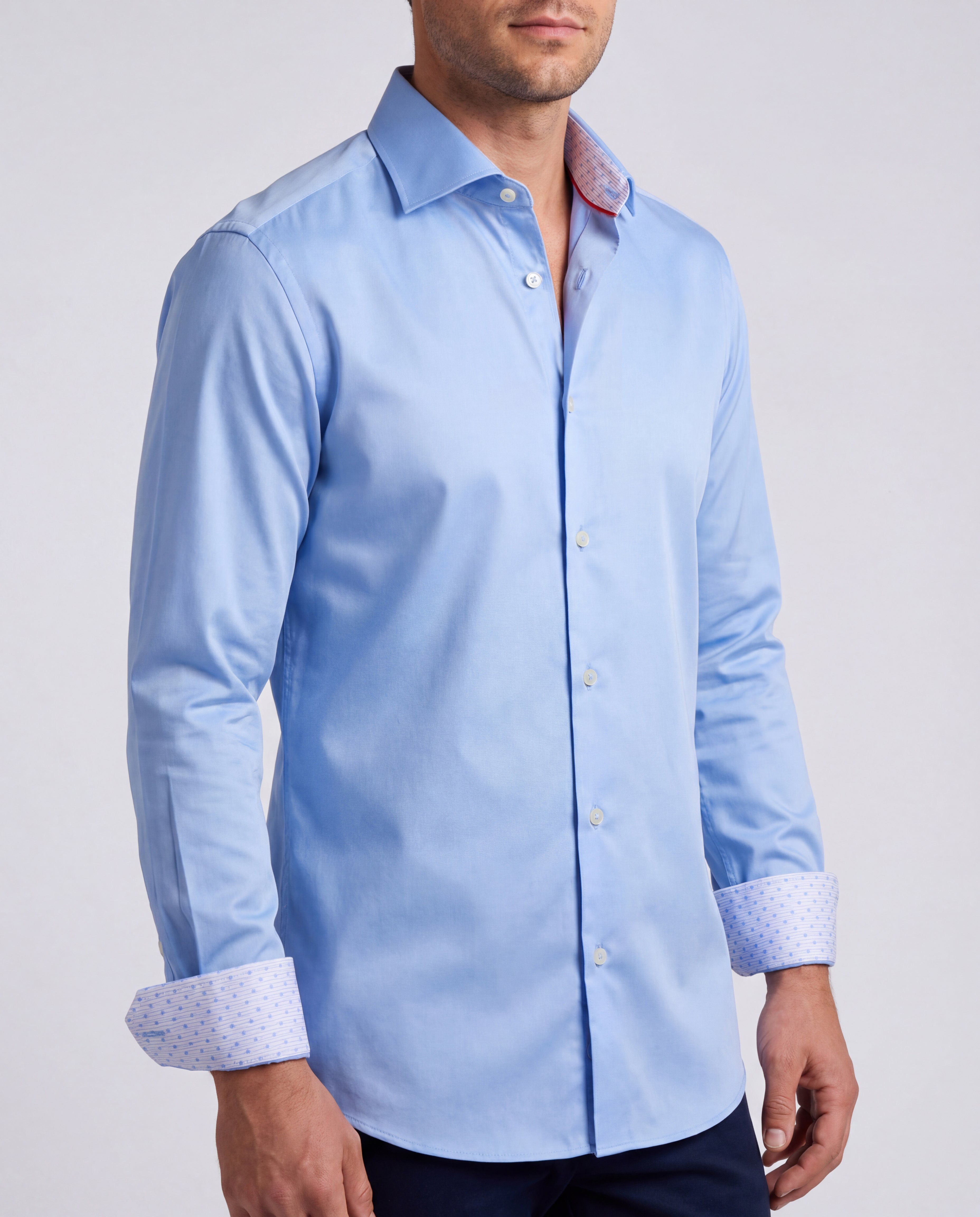Blue Long Sleeve Shirt with contract trimming // Dual cuffs// contemporary fit- Final Sale LEVINAS® Official