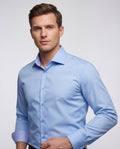 Blue Long Sleeve Shirt with contract trimming // Dual cuffs// contemporary fit- Final Sale LEVINAS® Official