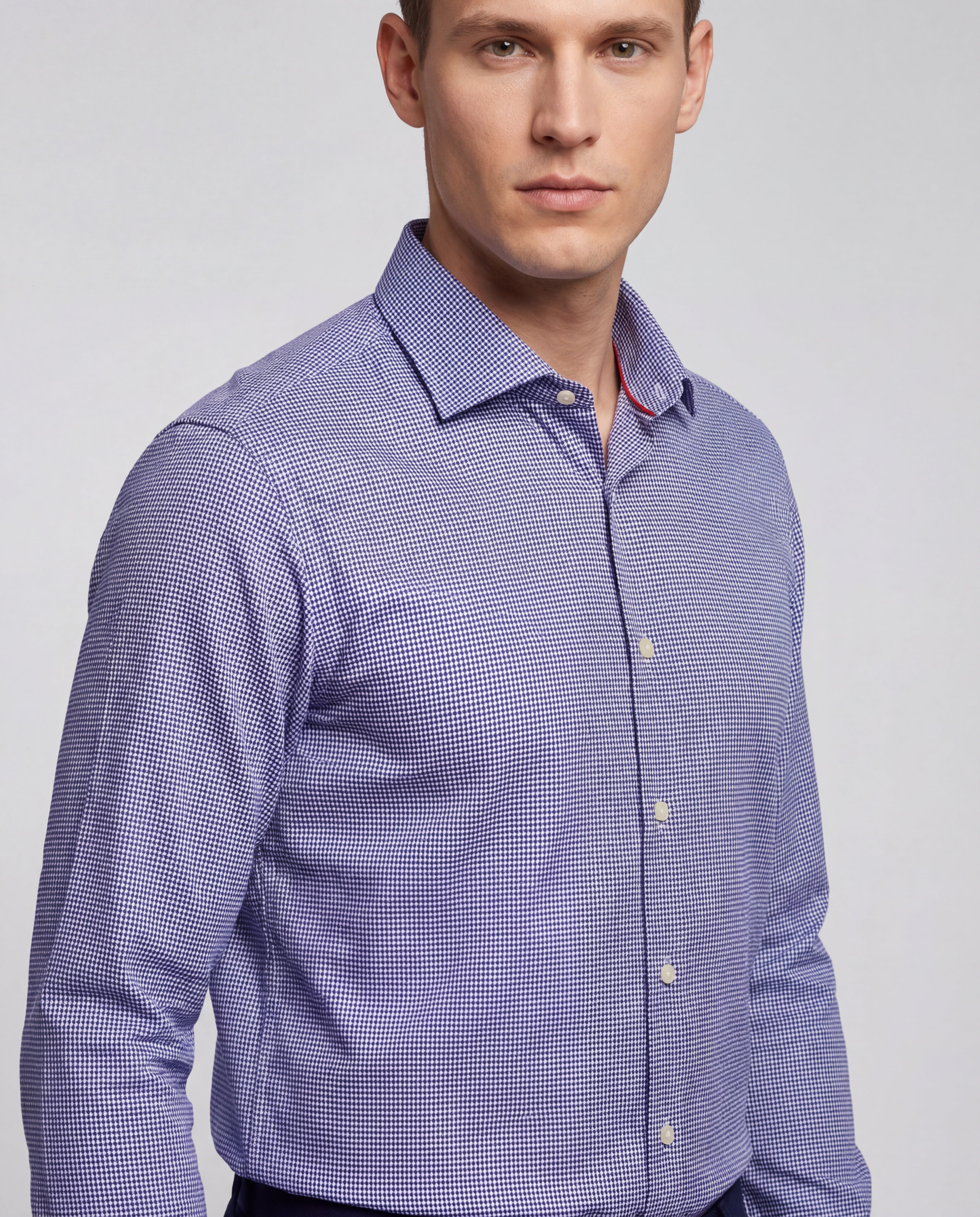 Blue Long Sleeve Shirt with contract trimming// Dual cuffs// contemporary fit- Final Sale LEVINAS® Official