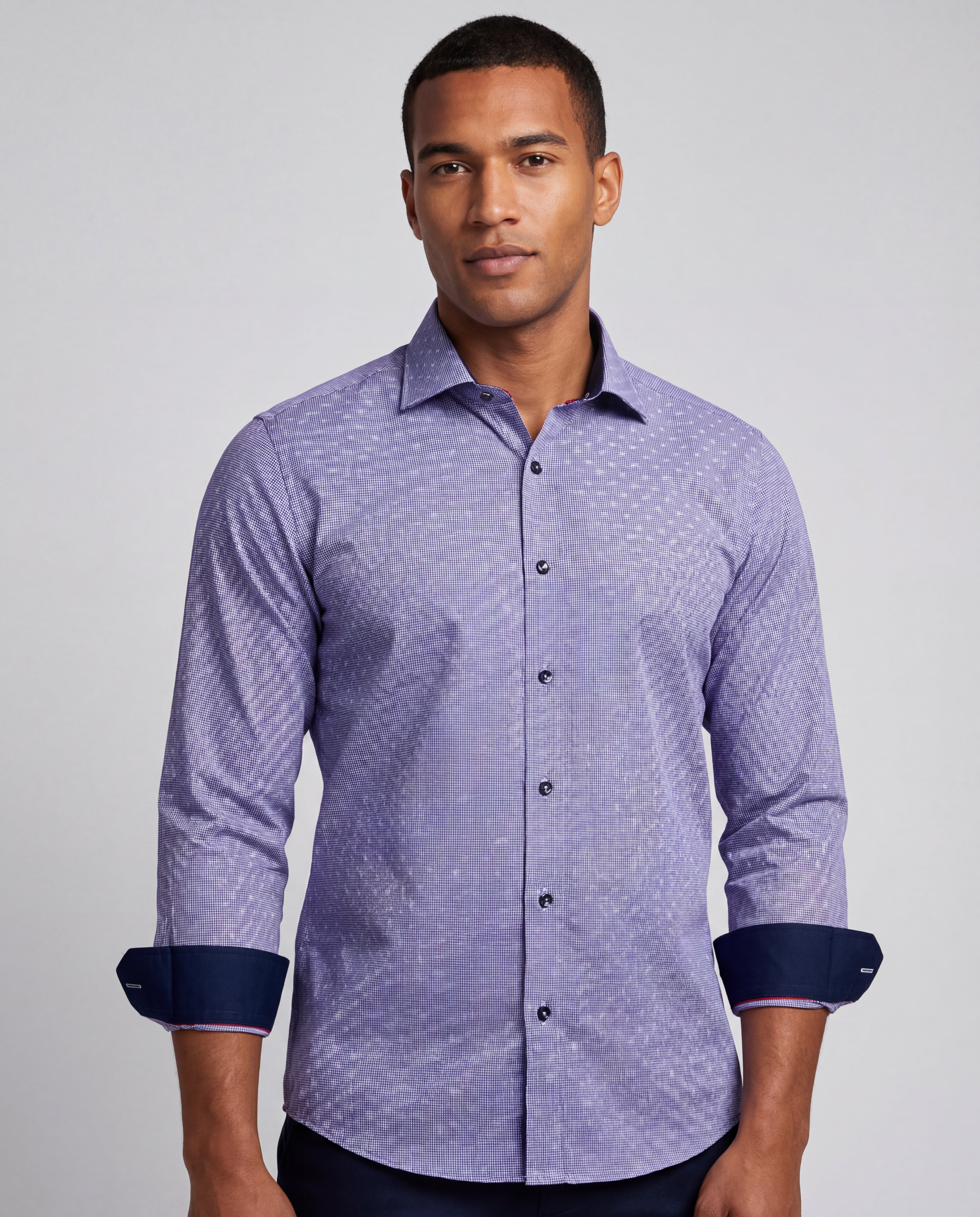 Long Sleeve Blue Shirt with contract trimming // Dual cuffs // contemporary fit- Final Sale LEVINAS® Official
