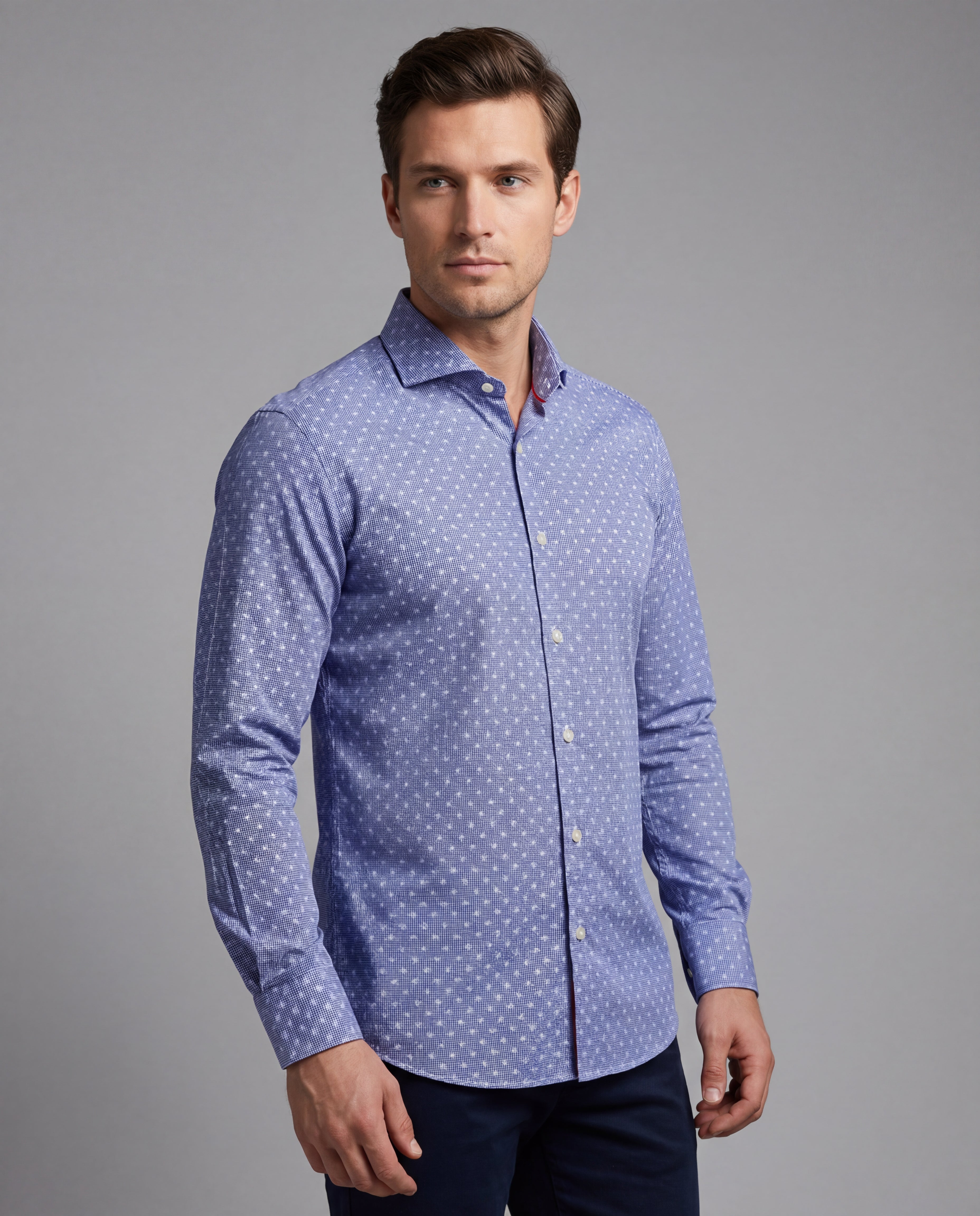 Blue Long Sleeve Shirt with contract trimming // Dual cuffs// contemporary fit- Final Sale LEVINAS® Official