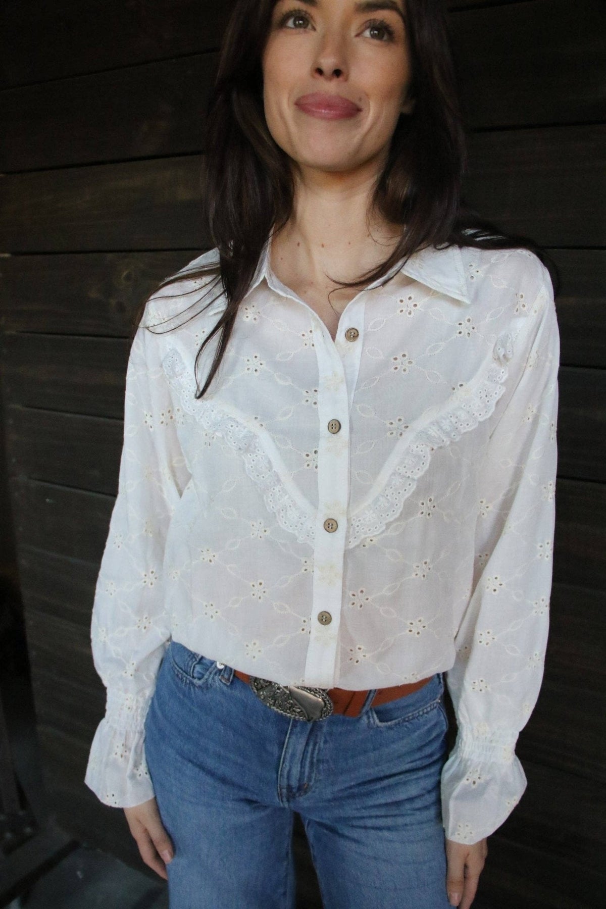 Turquoise Haven "Prairie Eyelet" Western Ruffle Blouse — Ivory Eyelet with Wooden Buttons & Flared Cuff Hem (small remains) Cowhide and Conchos