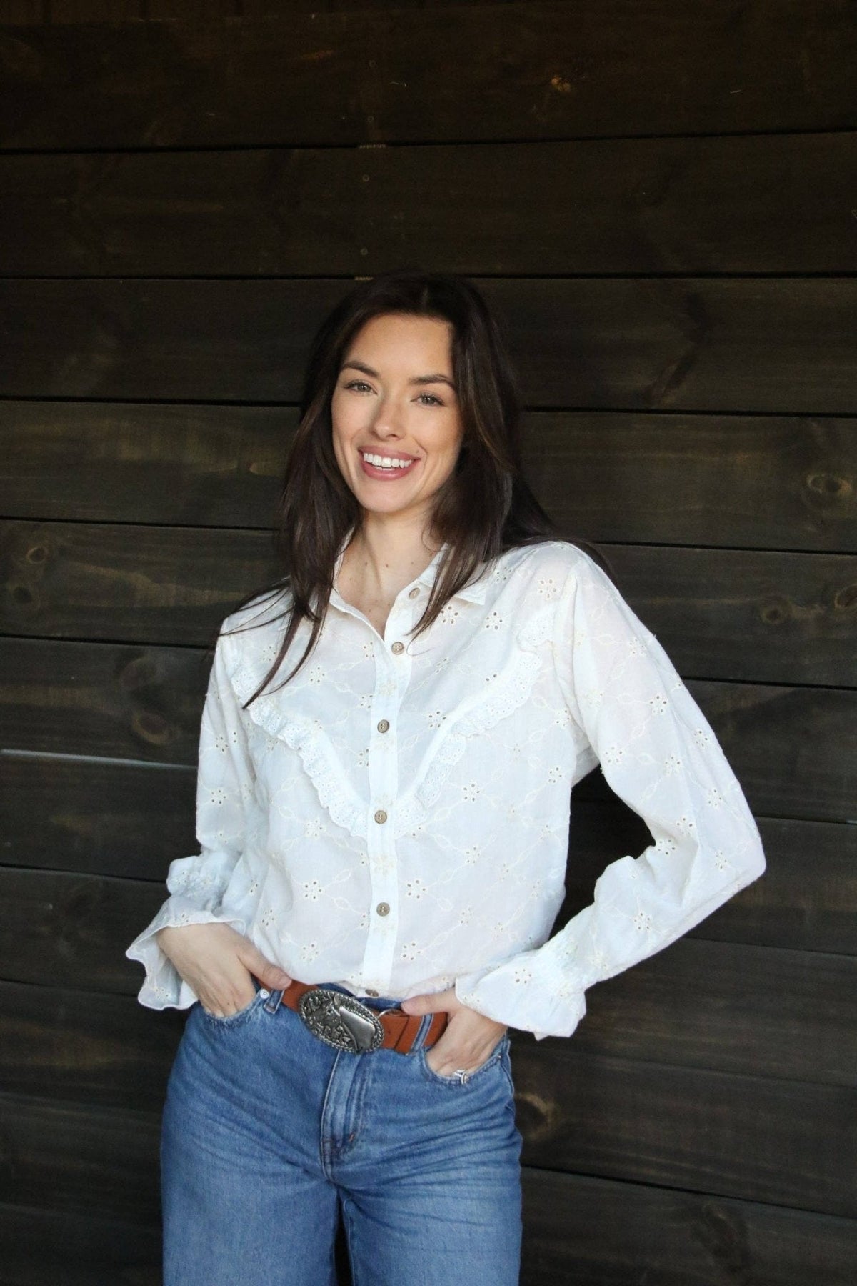 Turquoise Haven "Prairie Eyelet" Western Ruffle Blouse — Ivory Eyelet with Wooden Buttons & Flared Cuff Hem (small remains) Cowhide and Conchos