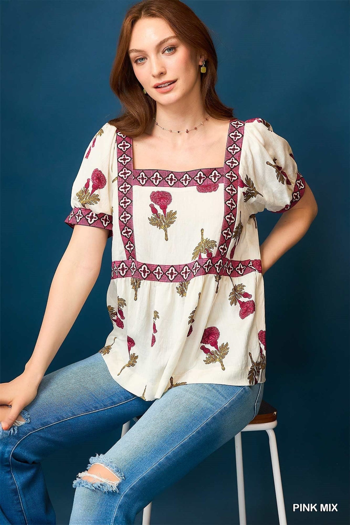 Umgee "Prairie Marigold" Western Boho Blouse — Embroidered Contrast Trim with Square Neck & Puff Sleeves (Red & Olive Floral) Cowhide and Conchos