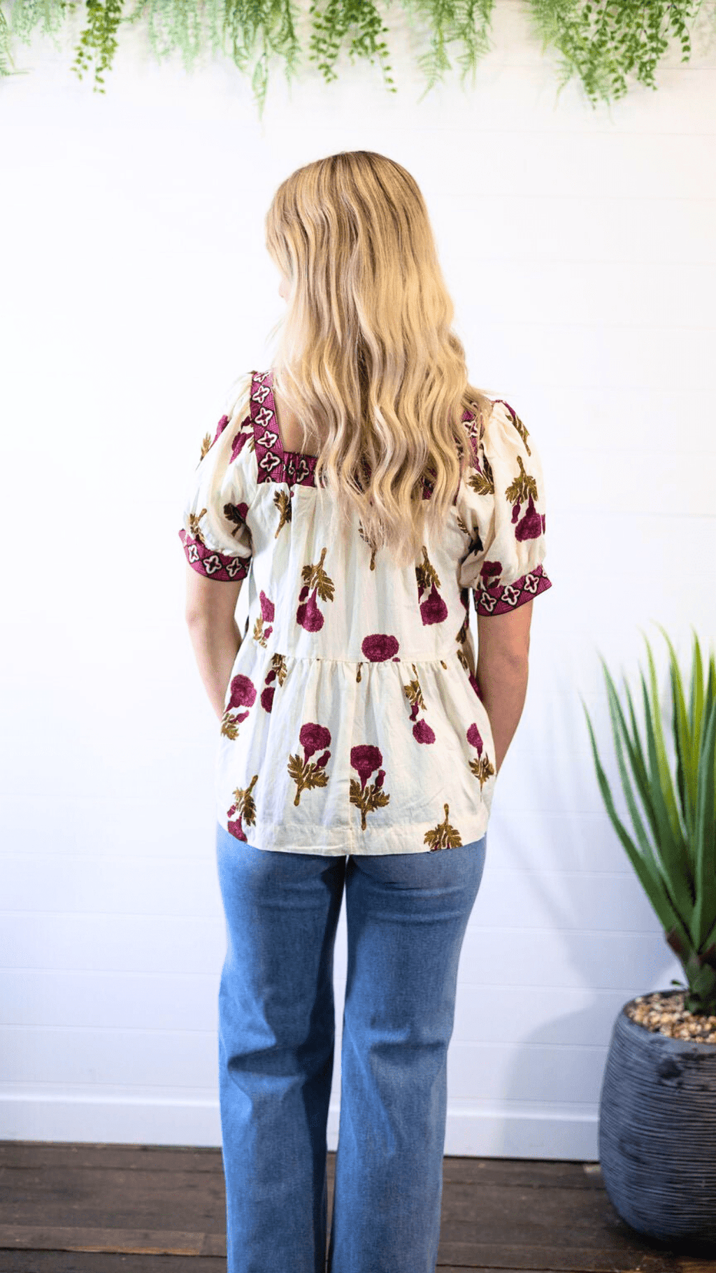 Umgee "Prairie Marigold" Western Boho Blouse — Embroidered Contrast Trim with Square Neck & Puff Sleeves (Red & Olive Floral) Cowhide and Conchos