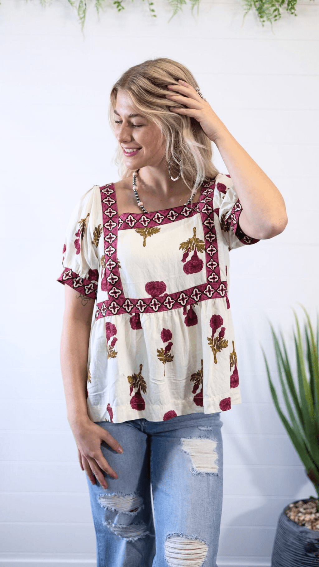 Umgee "Prairie Marigold" Western Boho Blouse — Embroidered Contrast Trim with Square Neck & Puff Sleeves (Red & Olive Floral) Cowhide and Conchos