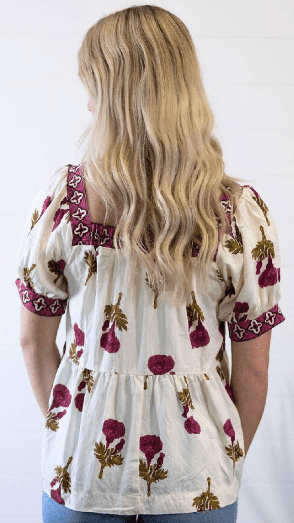 Umgee "Prairie Marigold" Western Boho Blouse — Embroidered Contrast Trim with Square Neck & Puff Sleeves (Red & Olive Floral) Cowhide and Conchos