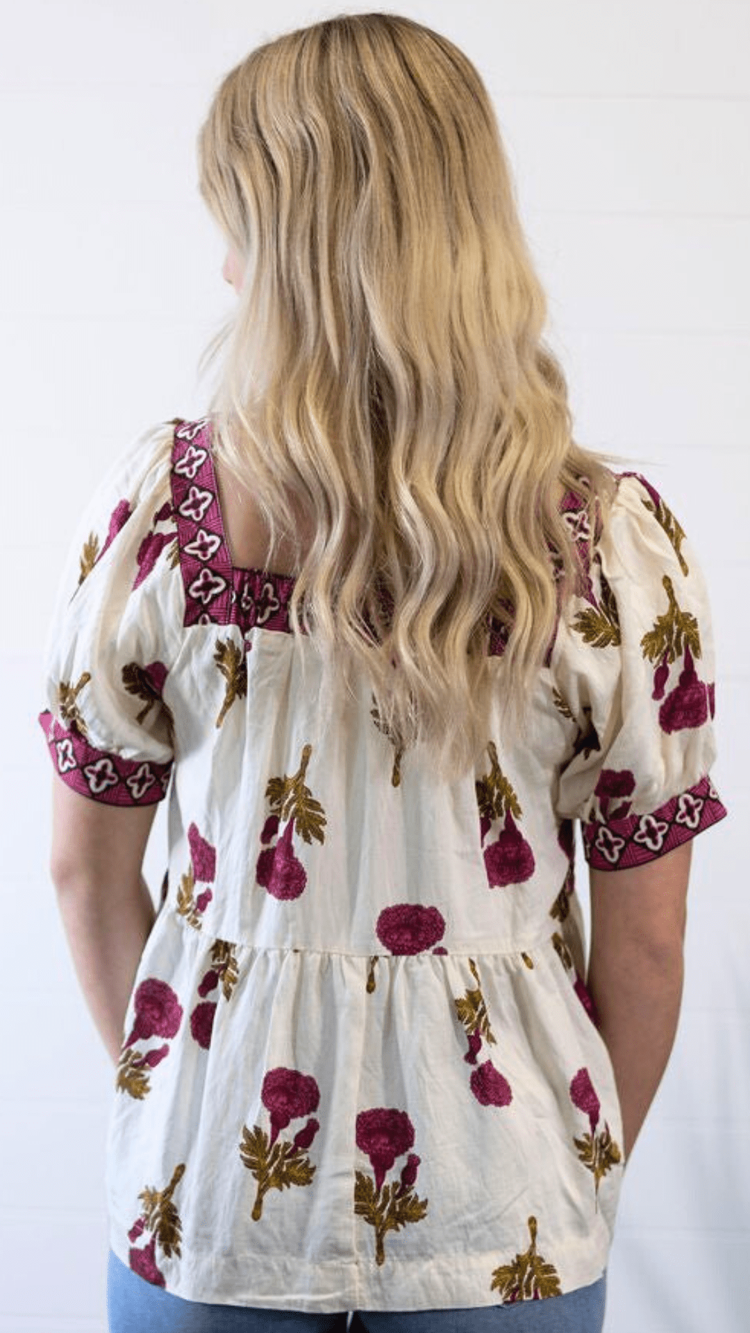 Umgee "Prairie Marigold" Western Boho Blouse — Embroidered Contrast Trim with Square Neck & Puff Sleeves (Red & Olive Floral) Cowhide and Conchos