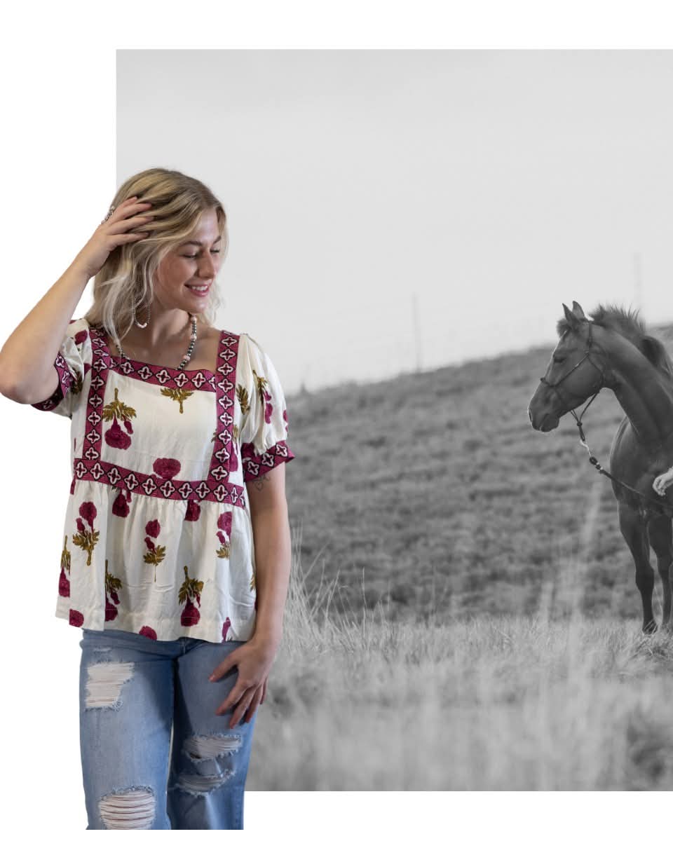 Umgee "Prairie Marigold" Western Boho Blouse — Embroidered Contrast Trim with Square Neck & Puff Sleeves (Red & Olive Floral) Cowhide and Conchos